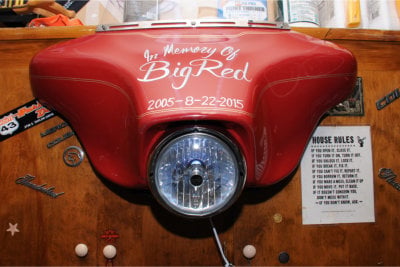 All that remains of Howard's beloved motorcycle is this tribute to 'Big Red,' made into a night light by a family friend.
